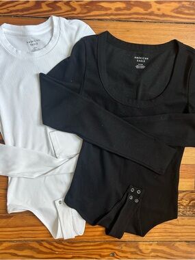 2 FOR DEAL! American Eagle Outfitters Black & White Ribbed Long Sleeve Bodysuits